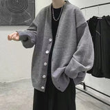 Riolio Youthful and Trendy Men Spring and Autumn New Spliced V-neck Button Fashion Solid Color Loose Casual Long-sleeved Knitted Top