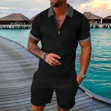 Riolio Men's Athletic T-Shirt Set Casual Mesh Lapel Short Sleeve Pullover Tops+Shorts 2-Piece Male Solid Thin Sporty Suits Black Zipper