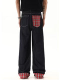 Riolio Men's Fashion Plaid Splicing Jeans Embroidery Design Baggy Straight Denim Pants Korean Vintage High Street Hip Hop Male Trousers