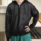 Riolio Men Knitted Jacket Polyester Fiber Jacket Stylish Men's Hip Hop Cardigan with Hollow Out Design Zipper Closure Long for Fall