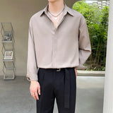 Riolio  New England Men's Shirt Advanced Luxury Silky Drape Shirt Long Sleeve Solid Color Hidden Button Loose Casual Inner Shirt