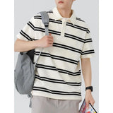 Riolio  Men Beige Black Striped Short Sleeve Polo Shirt Loose Casual Cotton Blend Summer Top
