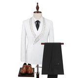 Riolio  Men's Suit Jacquard Fabric Embroidery One Button 2 Pieces Blazer Pants Buckle Work Wool Wear Side Fork Wedding Prom Customized