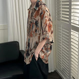 Riolio  Men's Abstract Print Oversized Shirt Half Sleeve Collared Casual Loose Fit Top