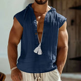 Riolio  Summer Cotton Linen Sleeveless Hooded Shirt For Men Loose Casual Solid Breathable Pullover Tops Men's Tassel Decoration Tank Top