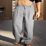 Riolio  Men's Spring and Summer Linen Pleated Wide-leg Pants Mid-rise Breathable Joggers