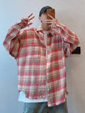 Riolio Plaid Shirts Men Autumn Chic Baggy Contrast Color Raw Edge Long Sleeve Japanese Style Handsome Youthful Popular Males Clothing