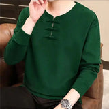 Riolio  Men's Spring and Autumn New Patchwork O-Neck Buckle Fashionable Solid Color Versatile Casual Long Sleeved Top