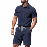 Riolio  Men's Summer Suit Amazon Corduroy Solid Pocket Shirt Short Sleeve Shorts Suit