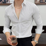 Riolio  Men Striped Shirt Spring Summer Slim Fit Casual Non Iron Long Sleeve Business