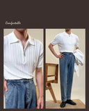 Riolio Zipper Knitted Short-sleeved Polo Shirt Men Summer American Retro Commuting Loose Vertical Striped Pit Strip Lapel T-shirt Men