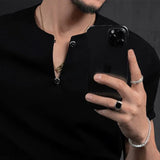 Riolio  Men T-Shirt Slim Casual Henley V-Neck Tshirt Streetwear Fashion Youth Campus Breathable Short-Sleeve Top Men'S Clothing New