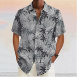 Riolio Summer Men's Shirt Blue Coconut Tree Short Sleeve T-Shirt Casual Lapel Printed Shirt for Men Fashion Button Beach Blouse Clothes