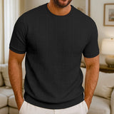 Riolio  European American Men's Short-sleeved T-shirt Jacquard Sweater Round Neck Ribbed Pullover Top