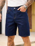 Riolio  Men's vintage dark blue loose straight-leg casual denim shorts for summer with an adjustable waist belt at the back waist