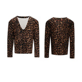 Riolio  Mens Fake Two Piece Deep V Leopard Niche T Shirt Streetwear Fashion Nightclub Youth Stage Trendy Statement Long Sleeve Top