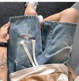 Riolio Men's New Retro Elastic Waist Pocket Fashionable Solid Color Five-point Star Ripped Denim Shorts