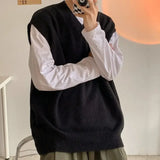 Riolio  Plain Sleeveless Knitted Sweaters for Men Solid Color Man Clothes Waistcoat V Neck Vest White A Thick Winter Korean Autumn Baggy