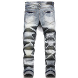 Riolio Small Korean Version Of Jeans With Holes, Trendy Print, Elastic Slim Fit, And Small Leg Men's Pants