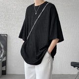 Riolio  Summer Texture Short Sleeve Men T Shirt Korean Style Loose O Neck Fashion Casual  Cool Tshirt Oversized Hollow out Tops White