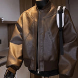 Riolio  American Trend Retro Crack Leather Versatile Casual Jackets Stand Collar Leather Bomber Men's Fashion Commuter Leather Coat