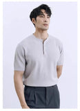 Riolio New Fashion American Style Men T-shirt Luxury Striped Knitted Henry Collar Tees Casual Solid Color Short Sleeve Breathable Tops