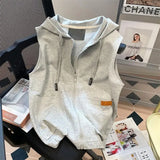 Riolio  High street sleeveless jacket hoodies women college style streetwear summer grey jackets for women y2k casual short sleeve coat