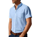 Riolio Summer New Solid Color Linen Men's Shirt Turn-down Collar Short Sleeve Men's Loose Casual Pocket Outdoor Vacation Shirt