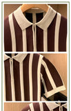 Riolio  Contrasting Color Striped Zipper Knitted Short-sleeved T-shirt Men's Niche Versatile Casual Top