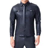 Riolio  Fashion Black Faux Leather Men Oversize Fitness Shirts Long Sleeves Pocket PU Metal Fastener Tops Tees Sexy Slim Fit Sexy Shirt