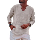 Riolio Men V-neck Long Sleeve Shirt Tops Burr Edge Pleated Loose Thin Pullover Tops Streetwear Spring Autumn Casual Handsome Men Shirts