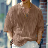 Riolio  New Summer Men's Vintage Solid Ribbed T-Shirts Trendy V-Neck Knitted Loose Elasticity T-shirt Fashion Men Half Sleeve Tees