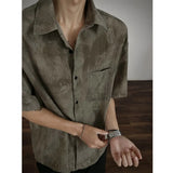 Riolio  Men Solid Color Turn Down Collar Short Sleeve Shirt Chest Pocket Loose Fit Textured Casual Button Up Top