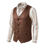 Riolio Vintage Vest Mens Faux leather V-Neck Sleeveless Jackets Fashion Single Breasted Casual Classical Suit Business Slim Fit Costume