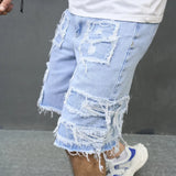 Riolio Summer Men High Street Ripped Patch Denim Shorts Stylish Solid Casual Male Straight Jeans Shorts