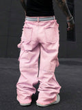 Riolio  Pink Frayed Wide-Leg All-Season Cargo Denim Jeans