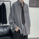 Riolio  Solid Color Shirt with Tie Spring Autumn New Style Hong Kong Style Retro Versatile Long Sleeve Men's Loose Casual Top Trend