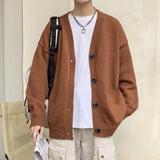 Riolio Autumn Winter Men Casual V-Neck Cardigan Sweaters Solid Color Long Sleeve Outerwear Single-breasted Male Loose Knitted Coats