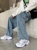 Riolio  Baggy Jeans Men's Oversize Streetwear Fashion Wide Leg Cargo Pants Hip Hop Harajuku Multi-Pocket Denim Trousers Black Blue