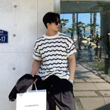 Riolio Summer Men's Knit Jacquard Short Sleeve T-shirts Striped Hollow Out Casual Tshirts New Y2K Vintage Streetwear Tee Tops