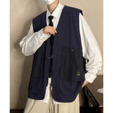 Riolio Loose Fit Japanese Workwear Vest Men's Spring Vintage Large ket Casual Svel V-Ne Jaet Youth Faion