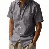 Riolio  Cross-border Men's Hawaiian Style Flax Casual Henry Neck Lapel Casual Short Sleeve Shirt