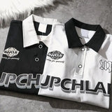 Riolio  Summer American Vintage Letter Large Polo Shirt Men Women's Loose Cotton Versatile Couple Trun Down Collar Short Sleeve T-shirt