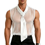 Riolio  Mens Mesh Sheer Satin Ribbon Sleeveless Vest Streetwear Fashion Nightclub Stage Niche Youth Tank Top Men'S Clothing New