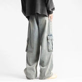 Riolio  Spring and Autumn Street Couple Loose Retro Straight Tube Multi Pocket Washed Jeans for Men and Women Loose Hip Hop Casual Pants