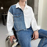 Riolio  Daily Streetwear Mens Denim Patchwork Shirt Clothes Fashion Turn-down Collar Long Sleeve Button Shirts For Men Fall Casual Tops