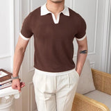 Riolio  Classic Mens Knitted Polo Shirts Slim Fit Short Sleeve Patchwork Polo Neck T Shirt  Summer Casual Breathable Knit Polo Shirt