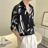 Riolio  Men's Trendy Tie Dye Ink Print High Street Chic Button Up Shirt Summer Fashion Casual Short Sleeve Loose Tops Camisas De Hombre