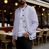 Riolio  Men's Cable Knit Varsity Jacket Striped Collar Cuff Button Down Baseball Bomber Jacket Casual Knit Cardigan Coat