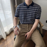 Riolio  Summer Breathable Short-sleeved Half-sleeved T-shirt for Stripes Men Fashionable New Korean Style Knitted Sweater Casual Collar